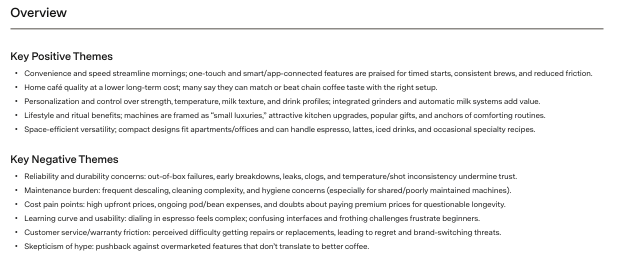 Subject Sentiment Agent overview highlighting positive and negative themes from consumer sentiment analysis